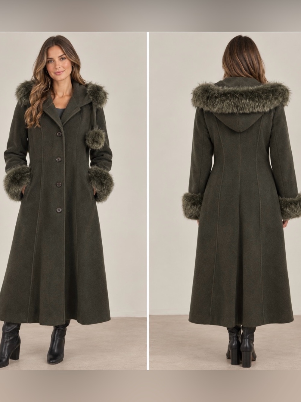 Bella Bicchi Cashmere Wool Maxi Coat Fox Fur Trim Cuffs Pom Poms Olive Green Lux